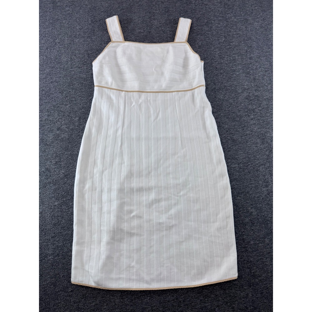 Agnona Italy Womens White Knit Dress Tan Trim Square Neck Ribbed Sleeveless
